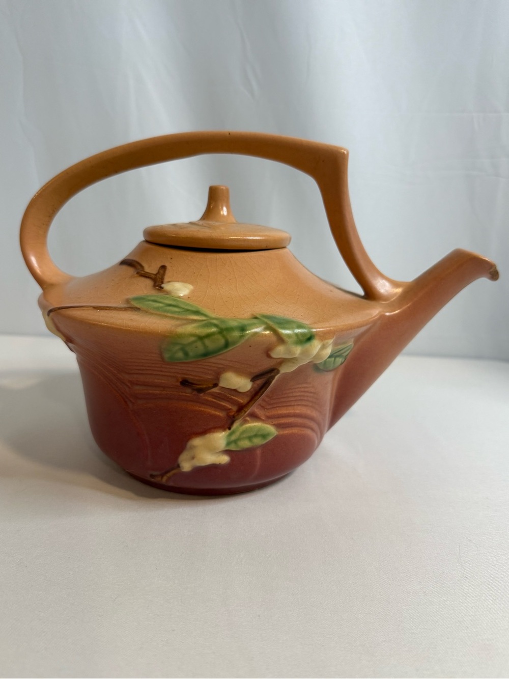 Pottery Teapot w/ Lid Brown Beige Matte Raised Floral Branch Relief Design
